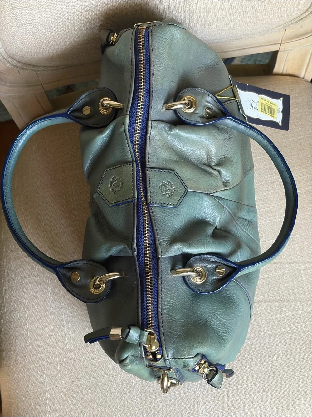 NWT Tre Vero Luxurious Italian Leather Satchel Handbag in blended Teal and Green